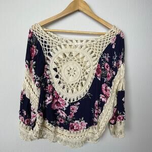 Love J Boho Crochet Floral Poncho Top Size L Blue Pink Festival Vacation